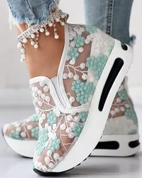 Platform Wedges women's Sneakers Floral Embroidery Mesh Sneakers For Women Slip On Casual Comfy Heeled Shoes Woman