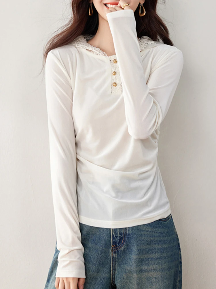 

Lace Hoodies T-Shirts Girly Buttons Korean Fashion Loose Casual White Shirts Slim-Waist Tees Shirts