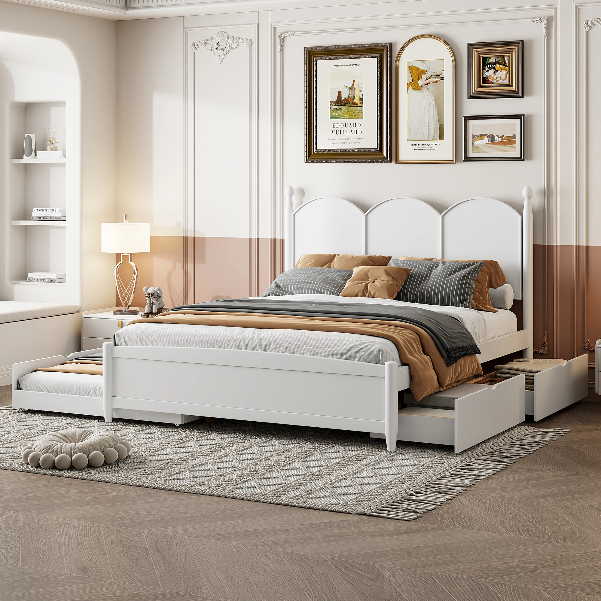 

Queen Size Storage Bed with 2 Drawers & Twin XL Trundle, Space Saving Platform Bed Guest Bed White