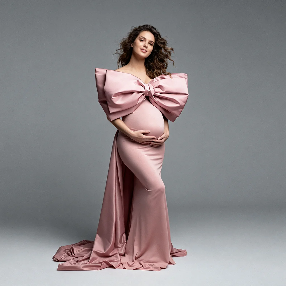 Elegant Maternity Dresses and Skirts with Strapless Giant Bow Satin Mermaid Maternity Photoshoot Dresses Maternity Clothes YW651