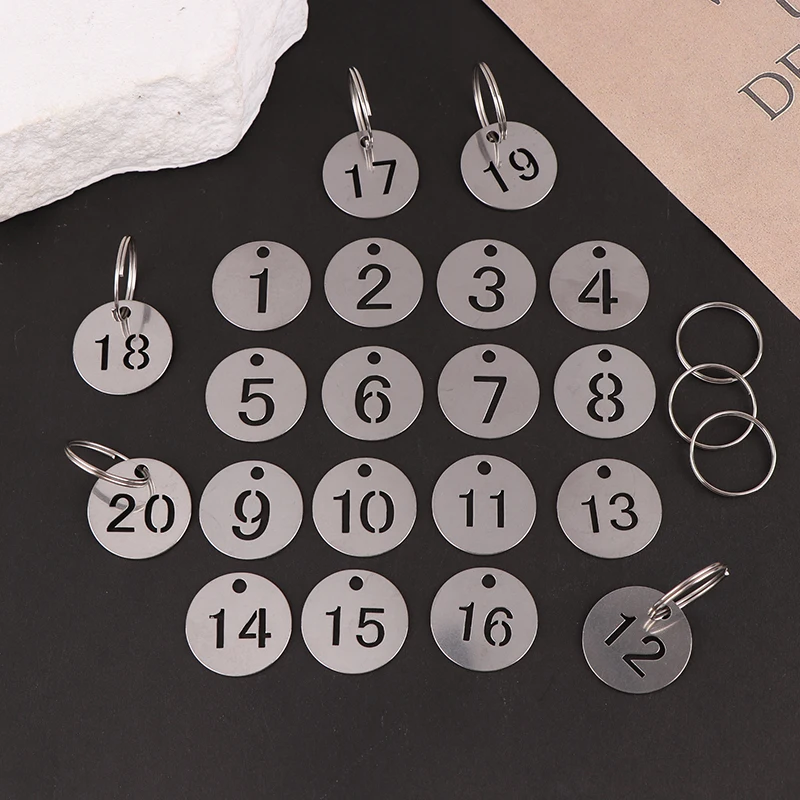 20Pcs Stainless Steel Number Plate Key Label Tags Chain Labels Round Rings Suitcase Identifiers Hanging Keys Numbered