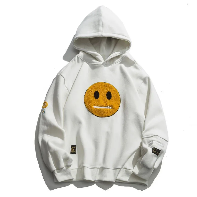 Spring Zipper Pocket Smile Face Patchwork Fleece Hoodies Sweatshirts Streetwear Mens Hip Hop Casual Pullover Hooded Male Tops