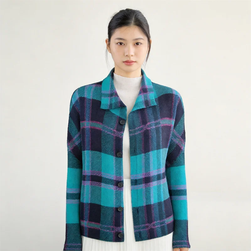Miyake Pleated Tartan Check Pattern Long Sleeved Cardigan Jacket