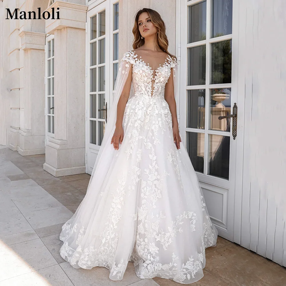 

Charming Sleeve Shawl Wedding Dress Customization Round Neck A-line Decal Bridal Dress Shining Bride Dress Customization