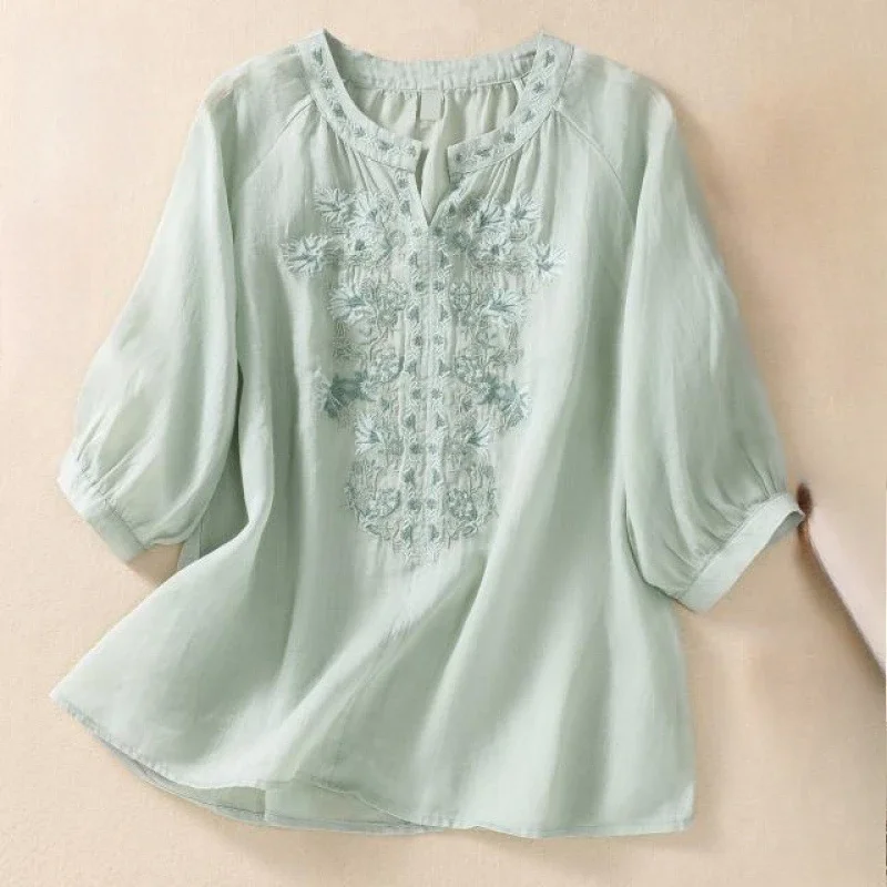 

Поп-модные тонкие хлопковые льняные топы, футболка, женская одежда, летние свободные футболки, женская футболка с вышивкой, Blusa, повседневная женская футболка