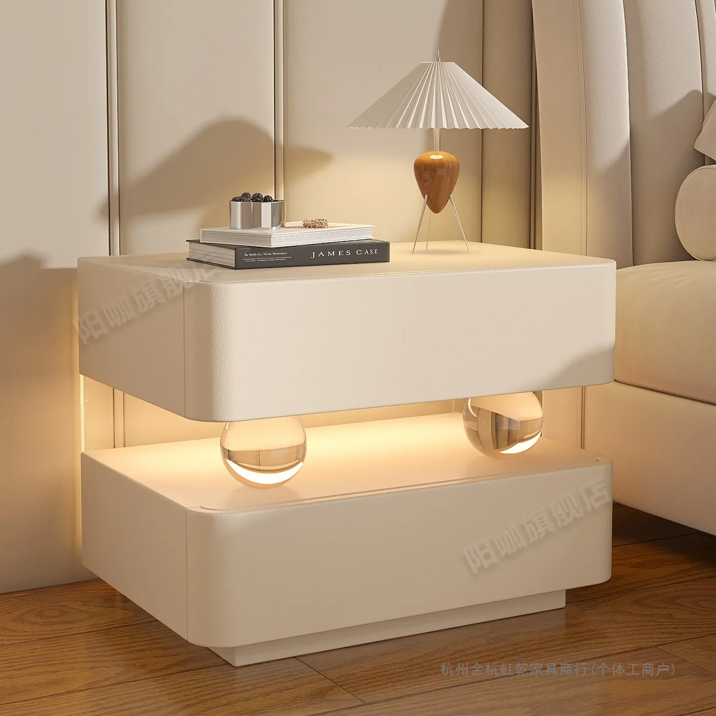 #Bedside Table, Solid Wood Modern Minimalist Luxury Acrylic Sensor Light, Scratch-Resistant Nightstand, High-End Bedside Cabinet