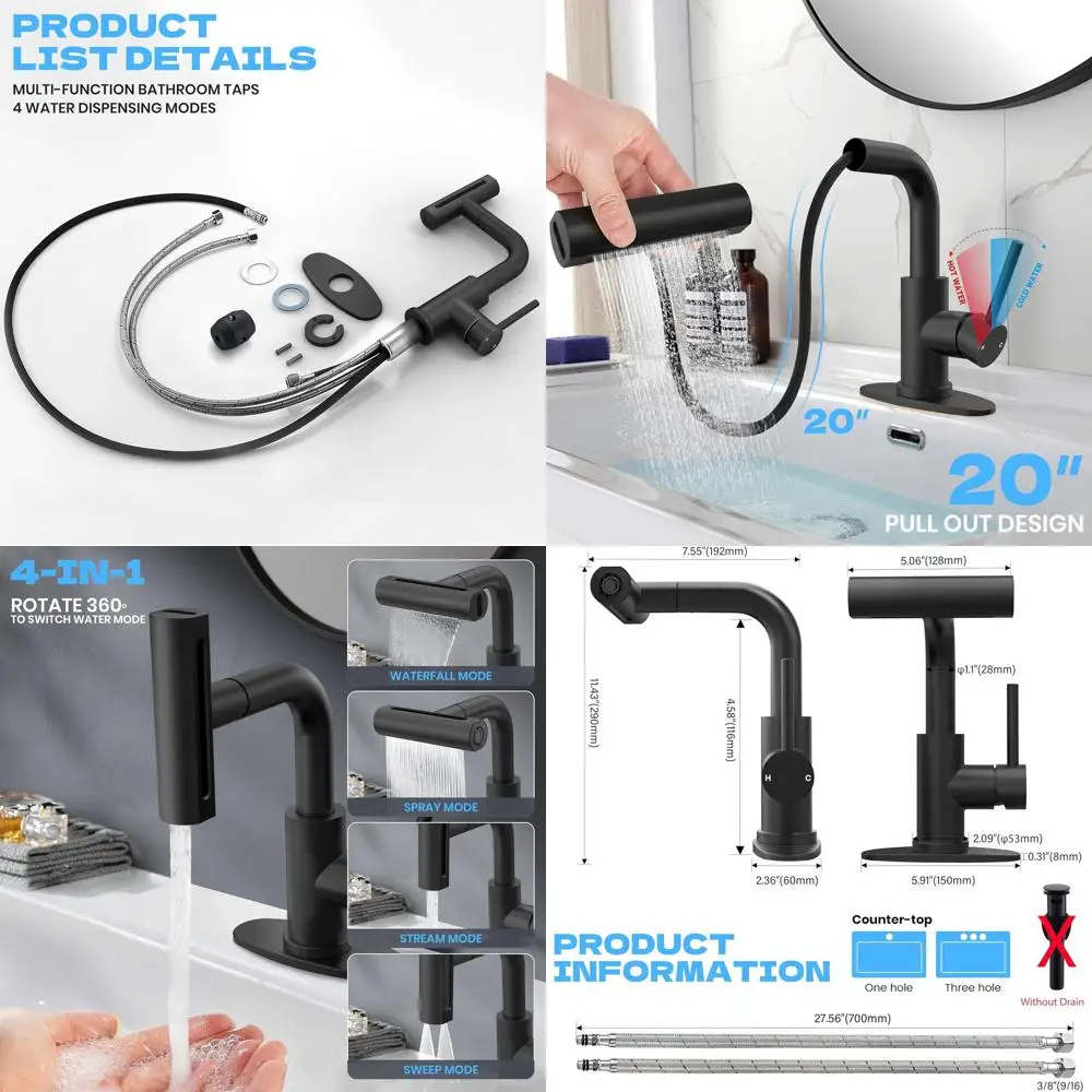 

Single Handle Pull-Down Sprayer Faucet with 4 Modes for Vanity Sink, Waterfall Style (No Drain)