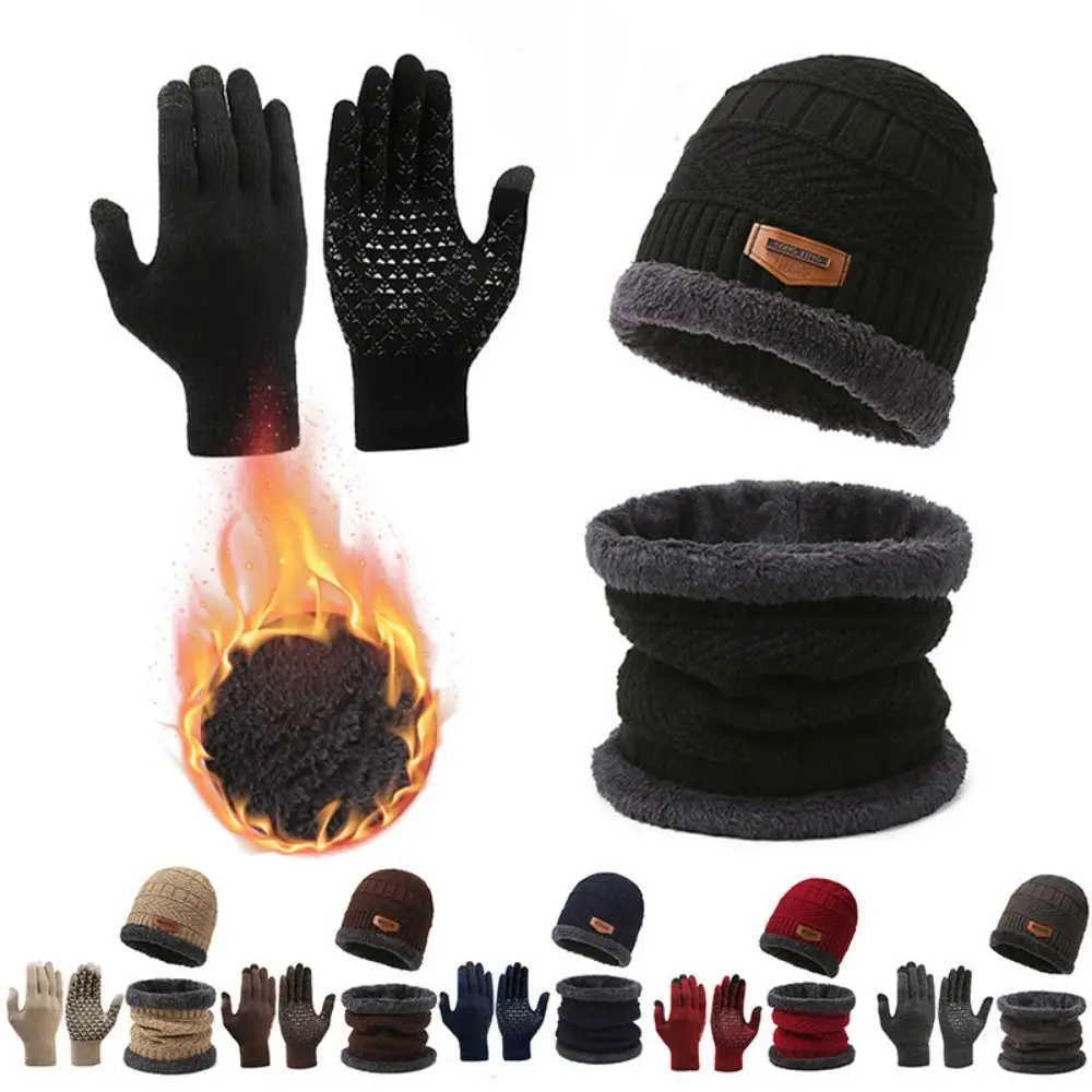 Fashion Knitted Hat Scarf Gloves Set Thickened Windproof Ear Protection Beanie Touch Screen Gloves Outdoor