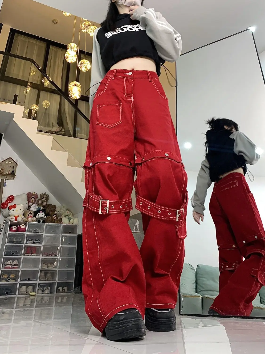 Jeans Red Spliced ​​Bandage Detachable Loose Design New Spicy Girl Y2K High Street Women American Relaxed Wide Leg Long Pants