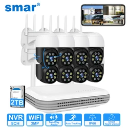 Smar-Système de caméra PTZ sans fil, 8 canaux, HD, 3MP, AI, poignées humaines, etc, vision Nihgt colorée, mini kit de sécurité WiFi NVR, CCTV P2P