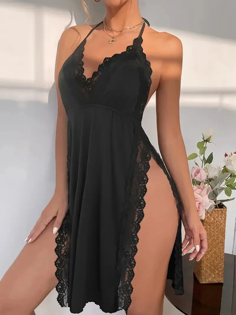 Nuevo camisón de mujer con tirantes para el cuello, vestido sin espalda con abertura, lencería de cintura alta, ropa de dormir con escote en V profundo, detalles de encaje y satén, ideal para usar en casa.