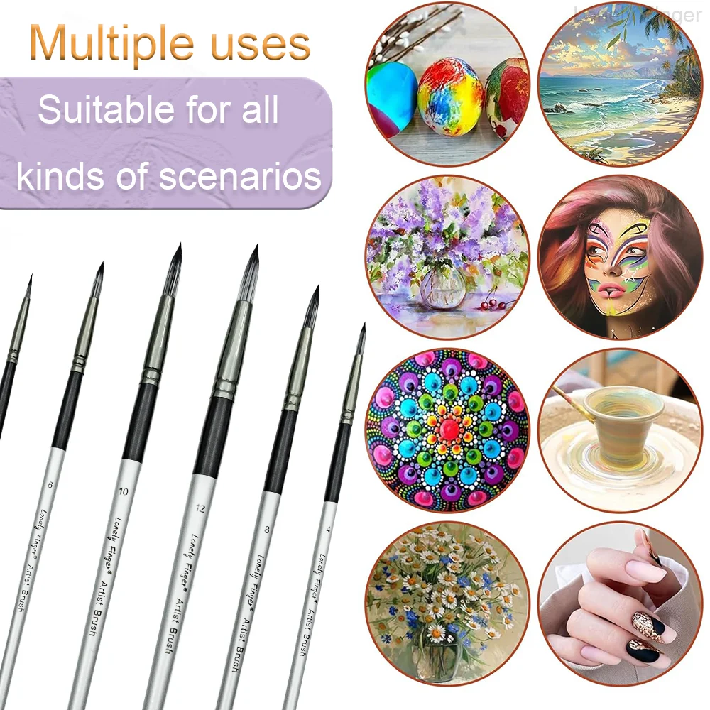 6pcs Round Pointed Brushes Set, Premium Handle Artist Brushes with Synthetic Tips, Round, Acrylic, Oil, Watercolor, & A