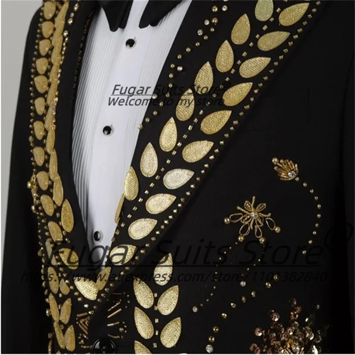 豪華なゴールデン刺繍男性ウエディングブレザースリムフィットピークドラペル新郎結婚式のタキシード 3 個セットフォーマルパーティー衣装オム