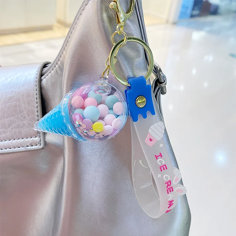 Quicksand Ice Cream Keychain with Colorful Beans Oil Drift Bottle Design Car Bag Pendant Hanging Decoration