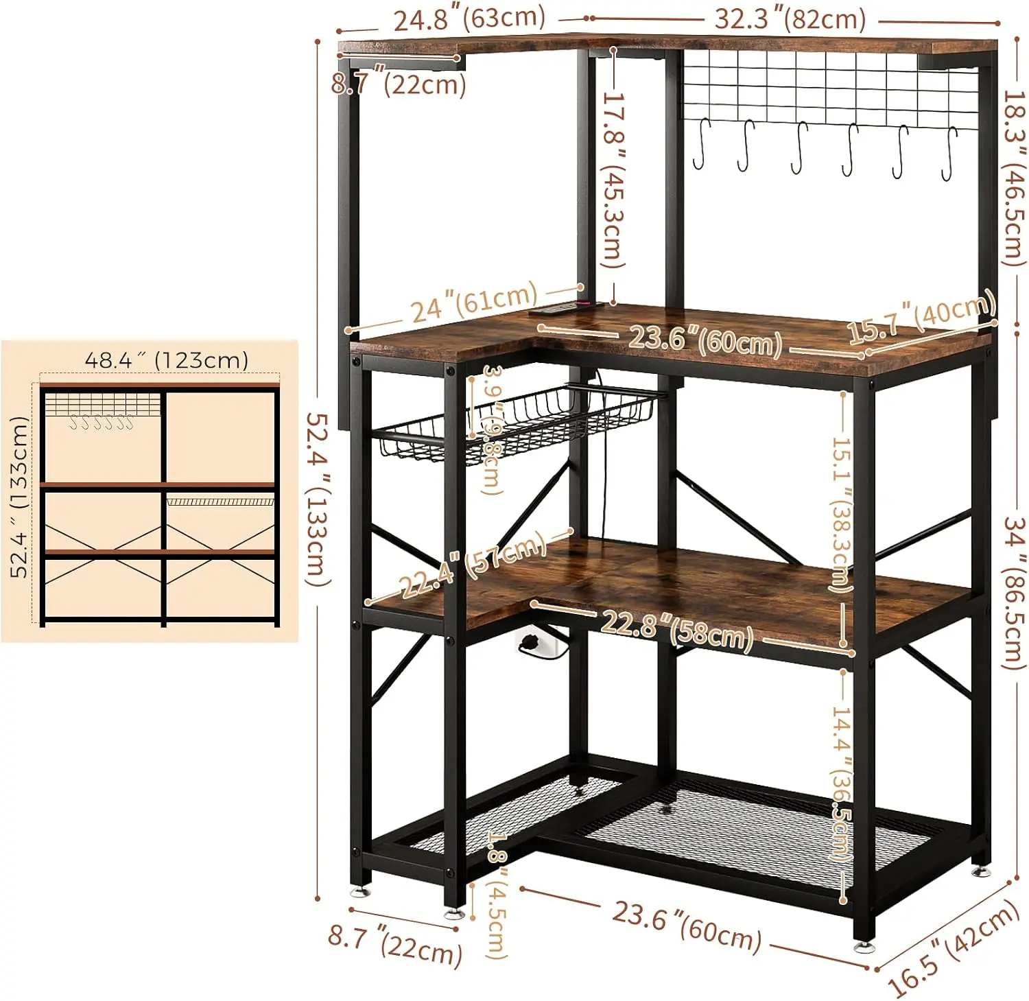 4 Tier L Shaped Bakers Rack Power Outlet Corner Coffee Bar Brown Kitchen Appliance Storage Pull Out Basket 6 Hooks Flexible Inst