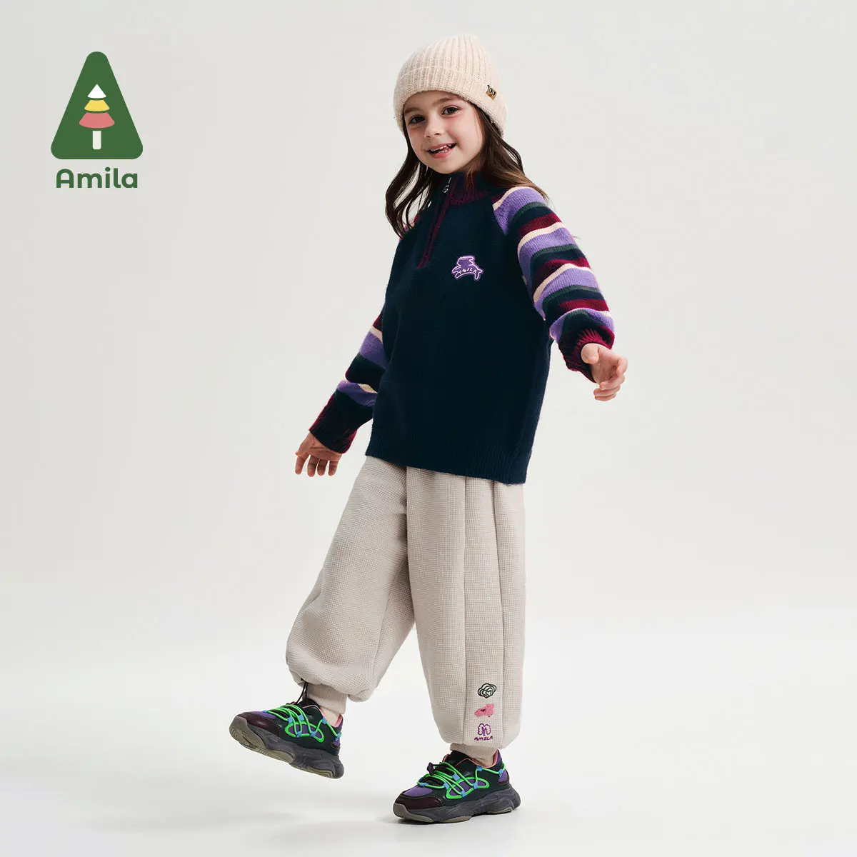 Amila Baby Pants 2024 Winter New High Quality Girls Waffle Cartoon Soft Warm Plus Velvet Casual Loose Children’s Trousers