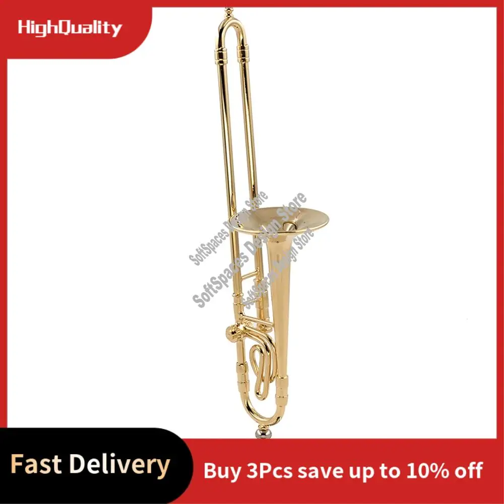 A51M-12Cm Miniature Pure Copper Trombone Model With Support Mini Musical Instrument Model With Black Leather Box