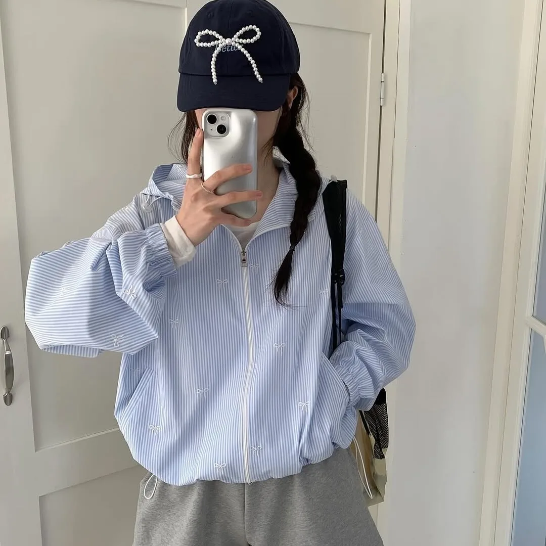 Sweet  Knot Embroidered Striped Hat Sun Protection Windbreaker Jacket Chic Korean Style Short Outerwear for Women