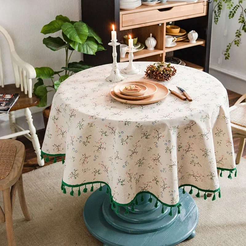 Round Plant Printed Tassel Table Cloth Pastoral Cotton and Linen Dust-Proof Table Cover Anti-Dirt Beautiful Home Decoration