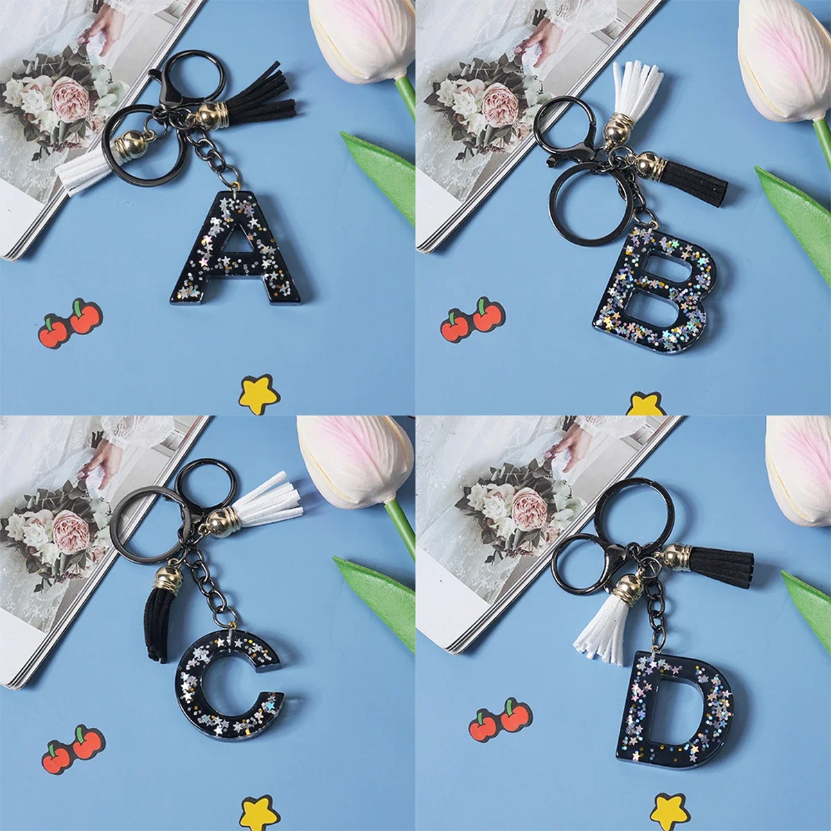 

Shiny Black 26 Letter Keychain A-Z Initial Star Sequin Filling Keyring Black Tassels Pendant Car Key Holder for Women Men Gift