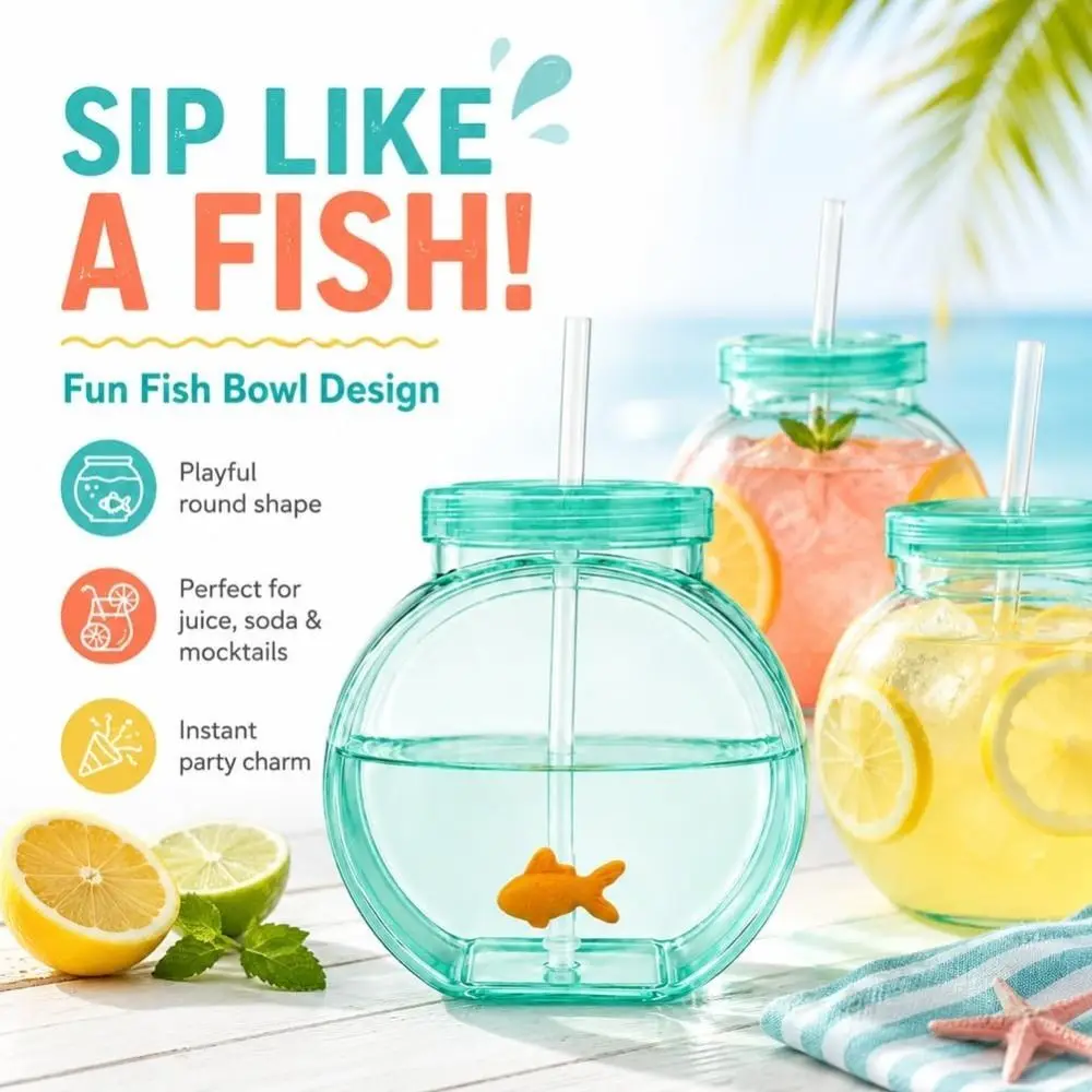 With Straw Fish Bowl Tumbler Translucent Green With Lid Plastic Fish Bowl Cup Big Capacity Reusable Ornament Cup For Drinks