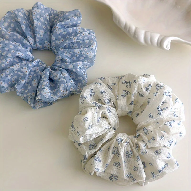 ربطة شعر منعشة ورقيقة باللونين الأزرق والأبيض بطبعة زهور الأقحوان، ربطة شعر متينة ومرنة للغاية، لطيفة على إكسسوارات الشعر #3