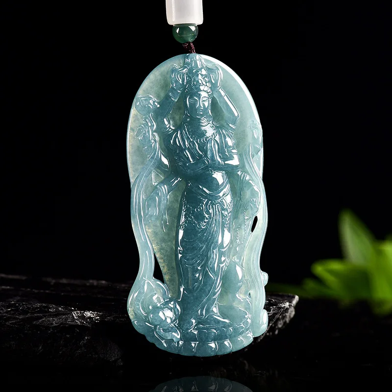 

Natural Jadeite Blue Water Hand-carved Standing Guanyin Ice Jade Pendant Necklace Men Women Couples Boutique Jewelry Amulet Gift
