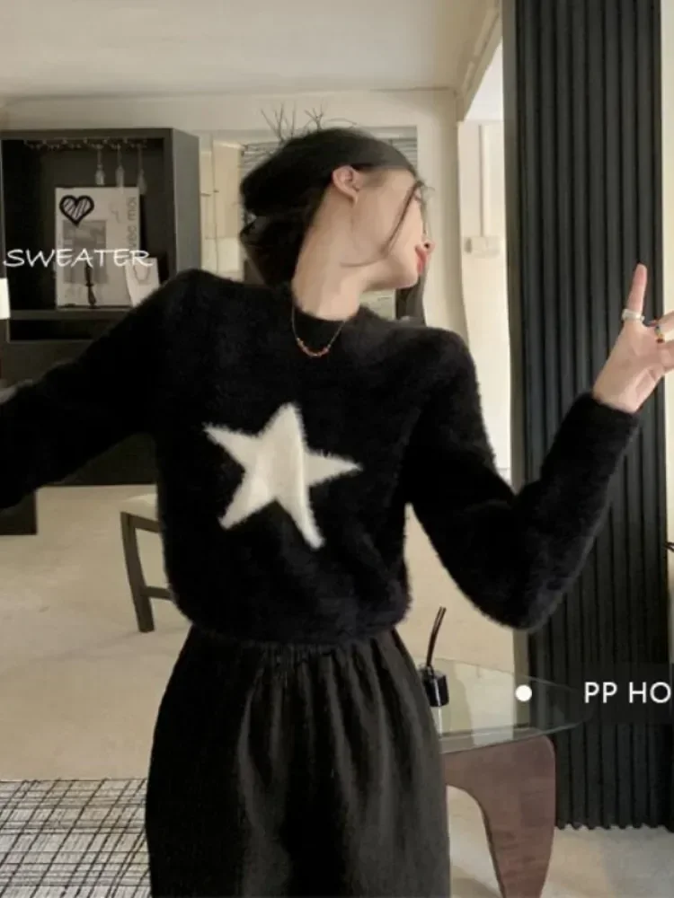 2023 Harajuku Star Cropped Sweater Women Vintage Oversized Knitted Jumper Korean Casual Chic Pullover Tops Y2K Clothes 2000s