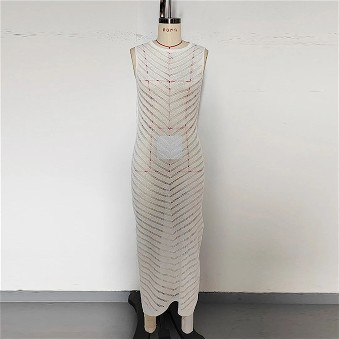 Hohlgewebtes, ärmelloses, gehäkeltes, gestricktes Tunika-Strandkleid, Mini-Strandkleid, Strandmode, Damen V6745 – Detail 15