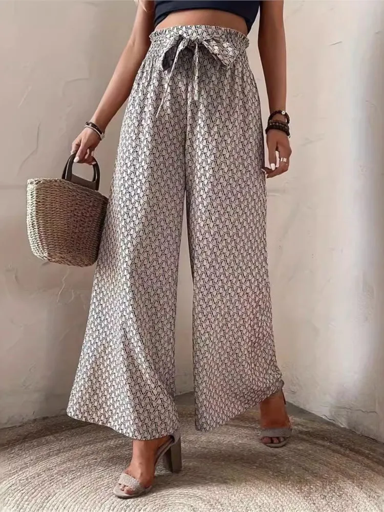 Plus Size Summer Elastic High Waist Pant Women Geometric Leopard Print Fashion Casual Ladies Trousers Loose Wide Leg Woman Pants