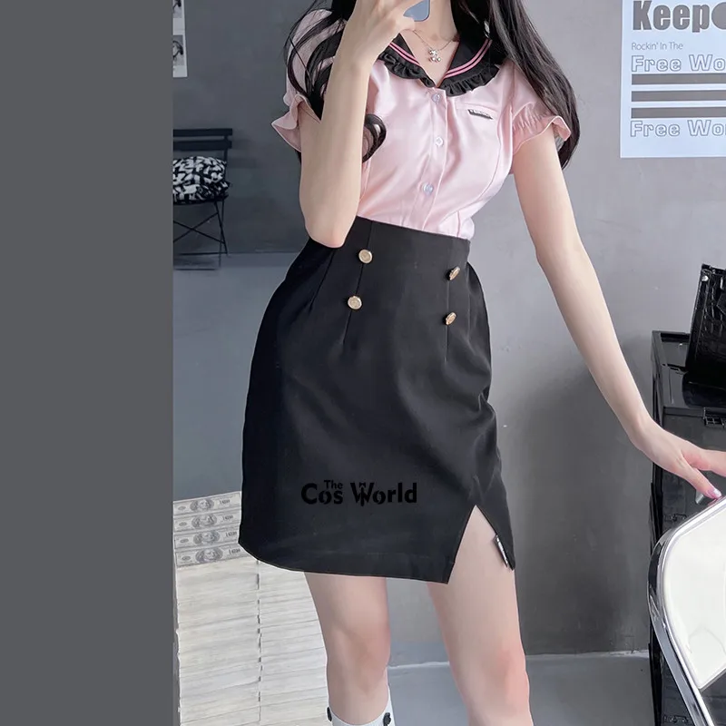 Japanese Summer Sweetie Pie Spicy Girl Short Sleeve Sailor Suit Tops Skirts JK High School Uniform Class Students Cloth