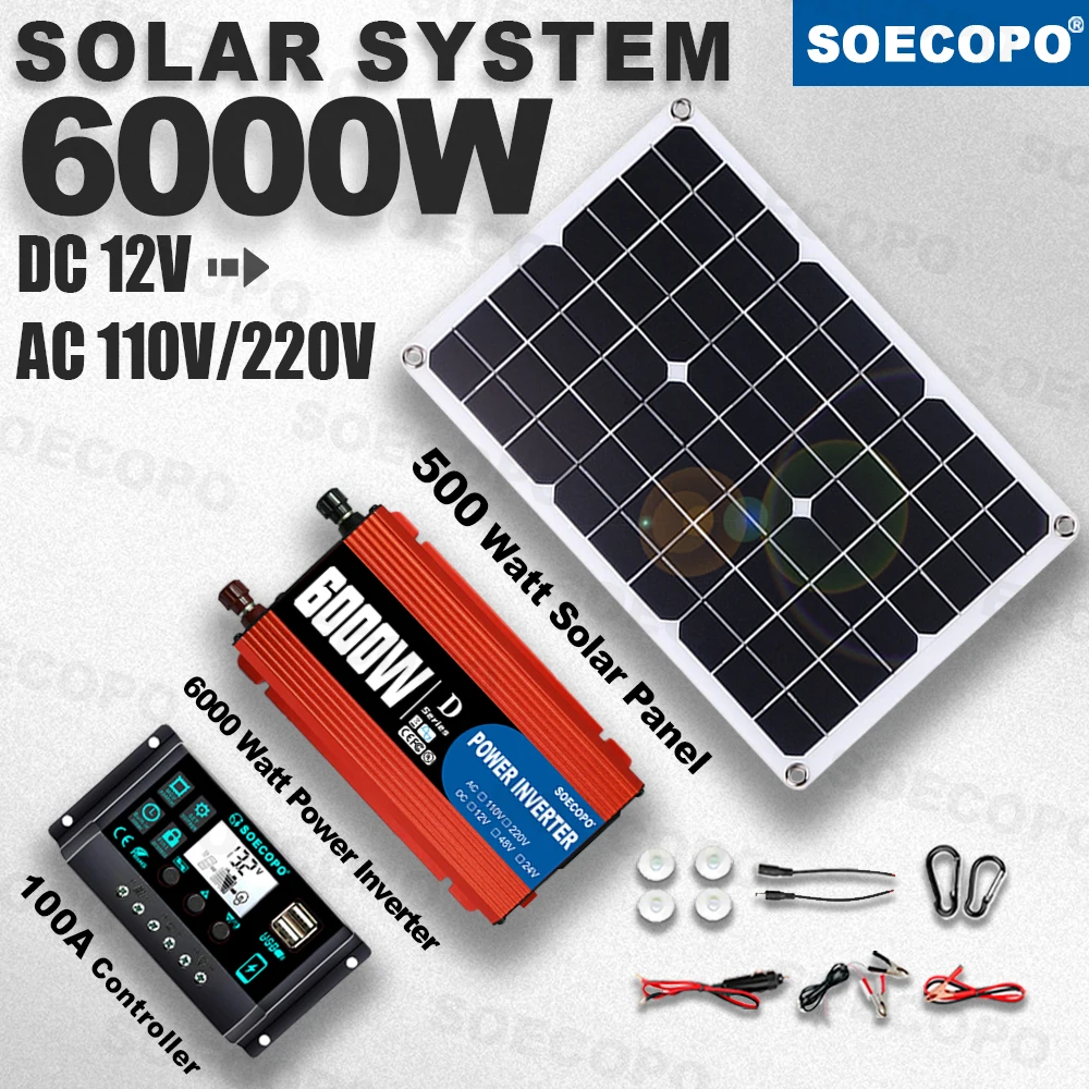SOECOPO 6000W Solar System Complete Kit, 12V to 110V/220V Inverter, 500W Panel, 100A Controller, for Off-Grid Home, RV & Camping