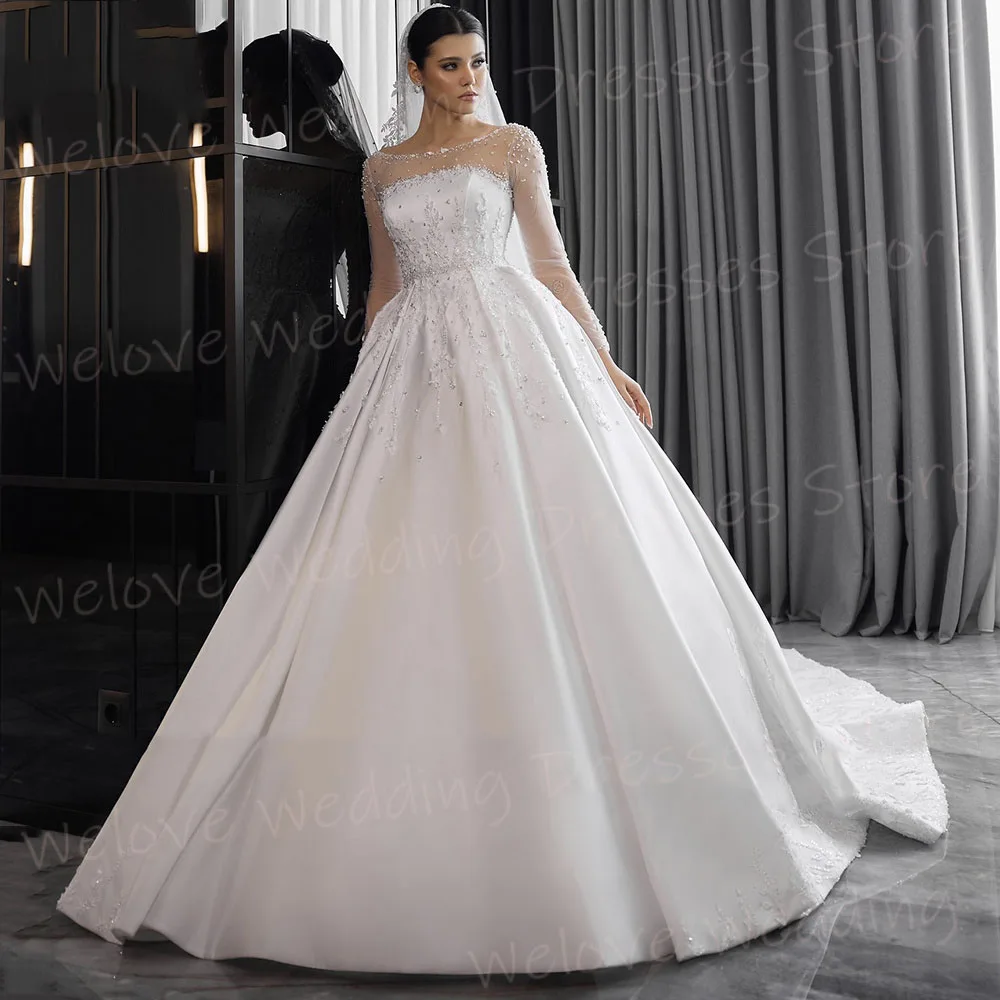 

Элегантные женские свадебные платья трапециевидной формы с круглым вырезом и длинными рукавами, индивидуальные платья невесты с кружевными аппликациями, платье принцессы Vestido De Novia Boda