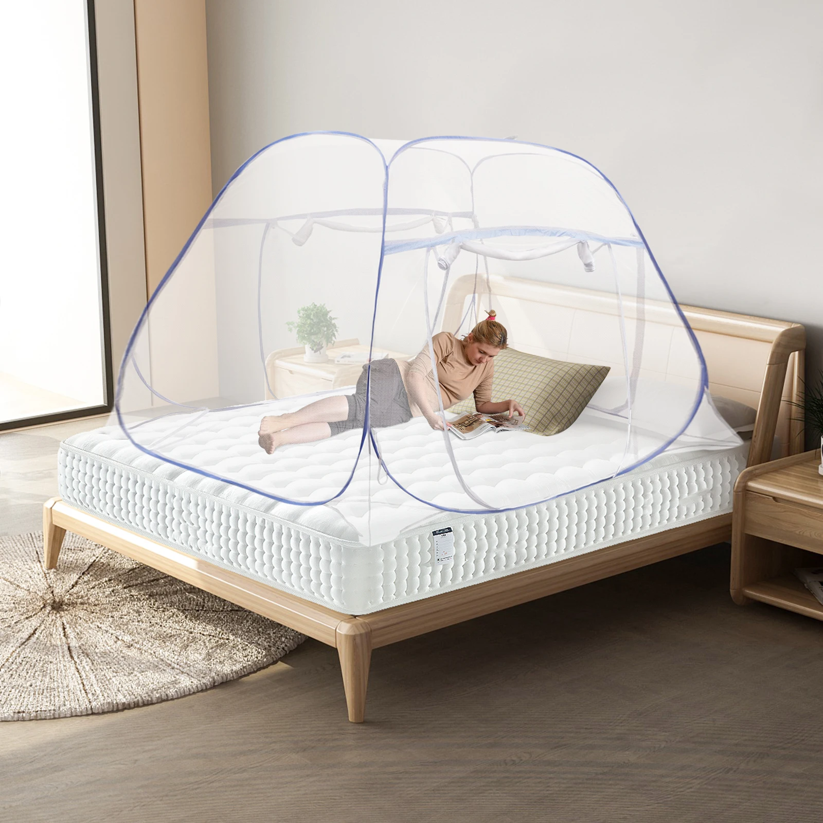 Mosquito Net Bed Canopy Four-square Top Structure U-shaped Triple Door Double Zip Mosquito Breathable Net Indoor Room Decoration