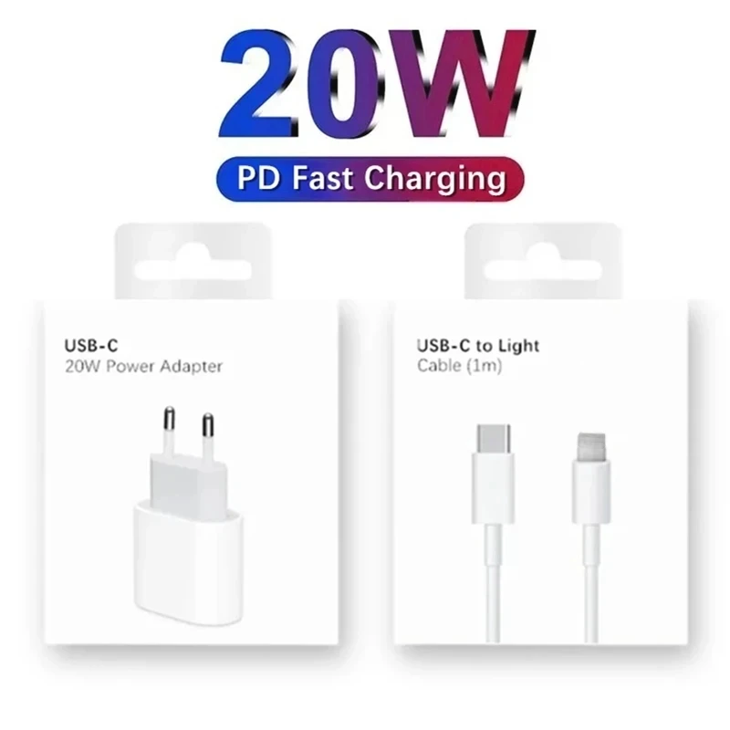 

Быстрое зарядное устройство 20W PD EU для iPhone 11 12 13 Pro XS Max 14 Plus X XR с кабелем USB-C 1м/2м и розничной упаковкой