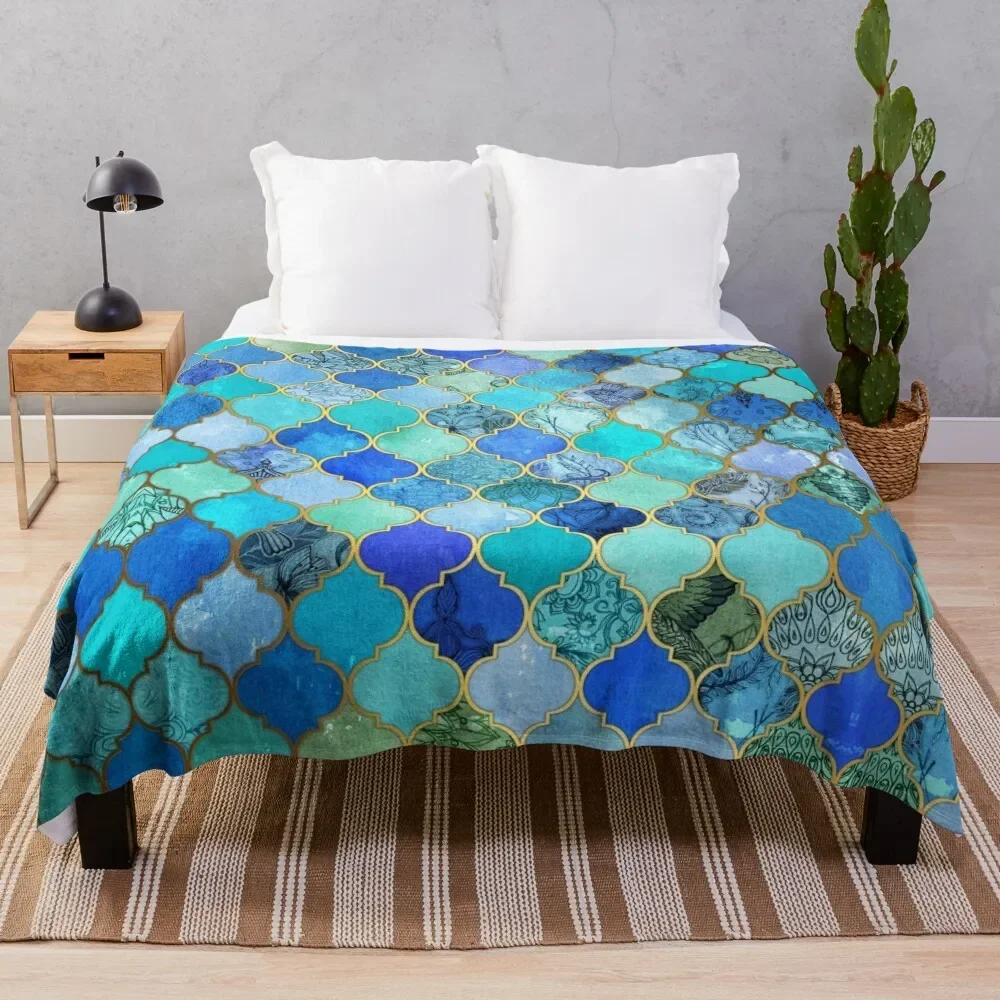 

Cobalt Blue, Aqua & Gold Decorative Moroccan Tile Pattern Throw Blanket Designers halloween heavy to sleep Blankets