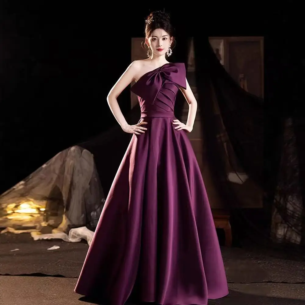 

Элегантное фиолетовое женское атласное вечернее платье на одно плечо, длиной до пола, на шнуровке/молнии сзади, вечернее платье Robe De Soiree