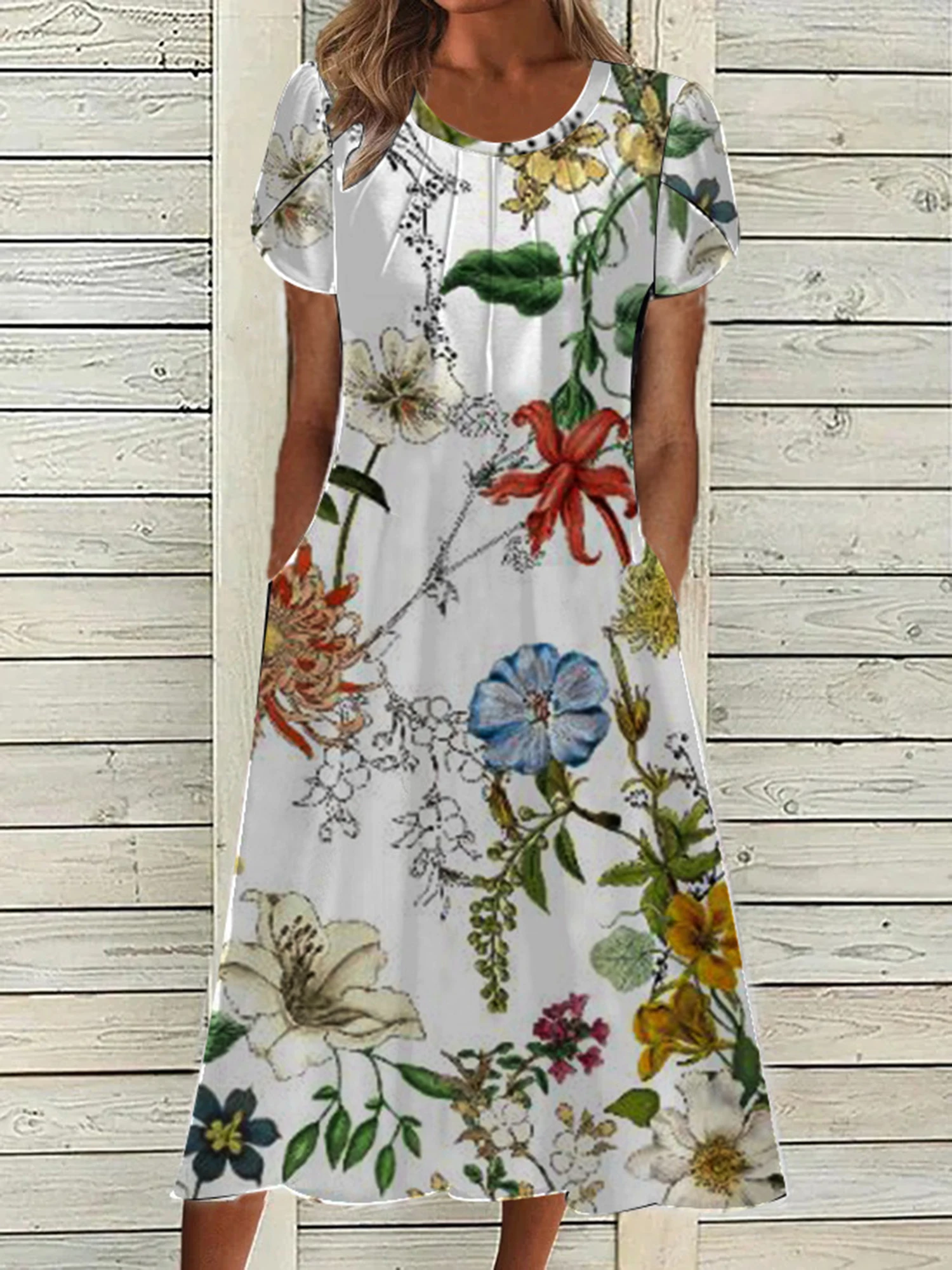 2025 Europe and the United States summer fashion new women discount printed round neck dress pocket long skirt women