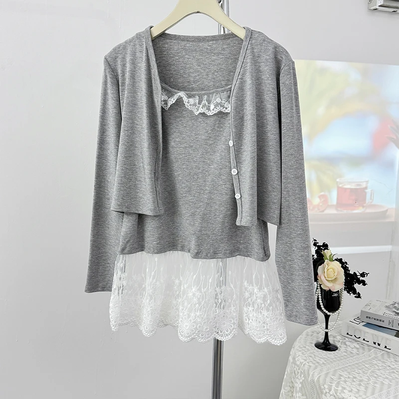 Printemps femmes Cardigan ensemble coréen dentelle Patchwork débardeur avec couleur unie court Cardigand élégant ensembles de vêtements d'extérieur pour femmes