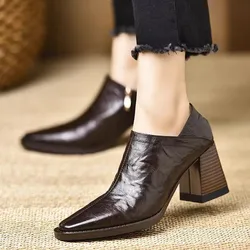 Woman Simple Shoes Sheepskin Retro Thick Heeled Basic Shoes on Heel French Style Loafers Spring Atumn Slip on Dress Work Pumps