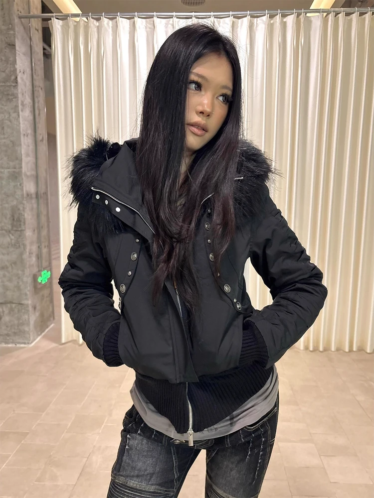 

Street Punk Style Women's Thickened Short Coat Jacket with Fur Collar Zipper Pocket Long Sleeve Cotton Clothes for Autumn Winter