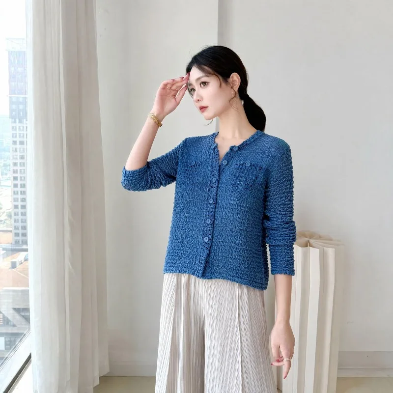 Miyake Pleated 2026 New Original Summer Fashion Gradient Color Pleated Shirt Buttoned Versatile Pocket Knitted Cardigan Pleat