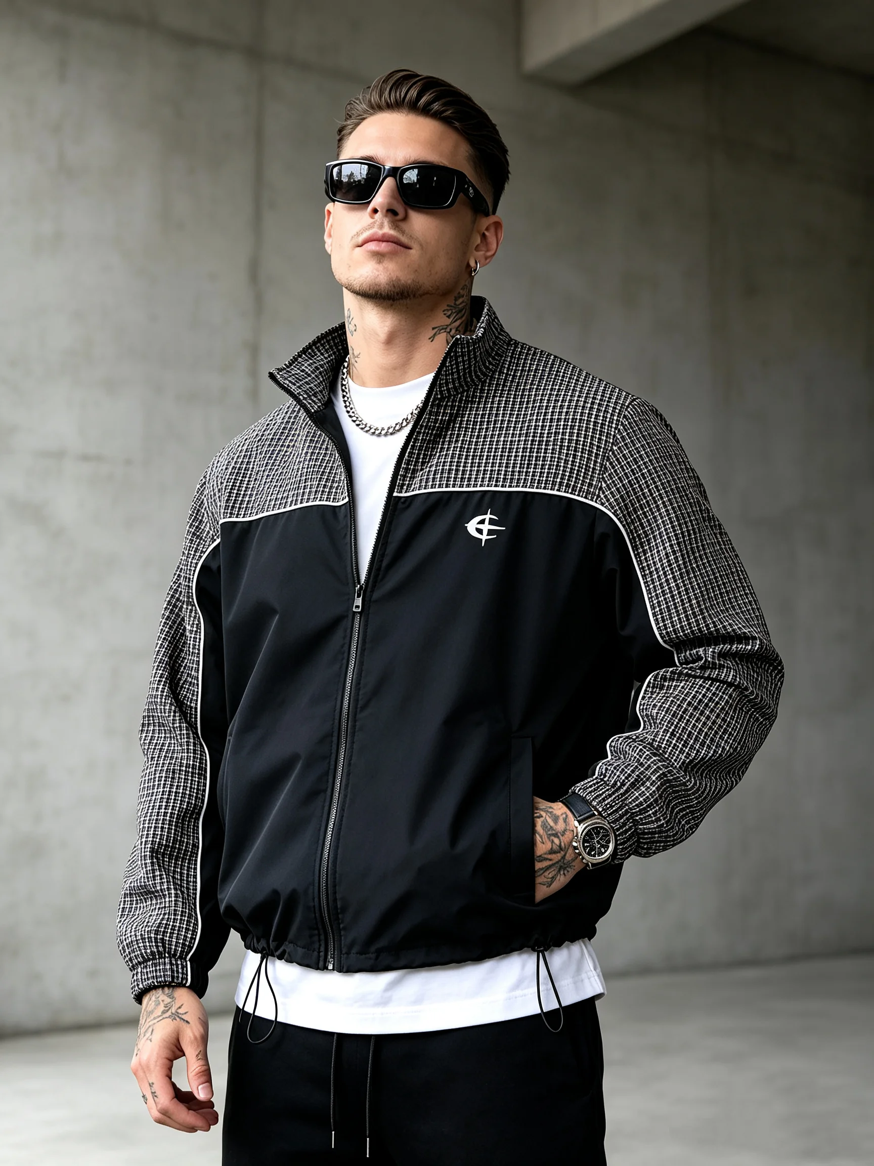 Men's Half‑Zip Pullover Jacket Plaid Spliced Windbreaker Stand Collar Drawstring Hem Casual Streetwear Outerwear