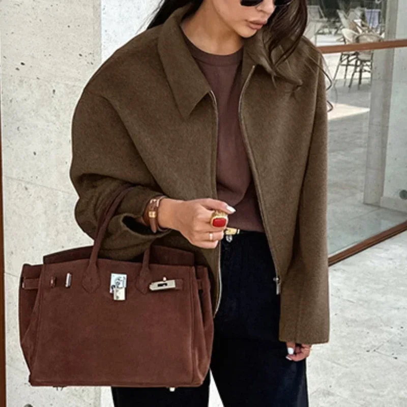 

Элегантное шерстяное пальто, зима 2025 г., осенний пиджак на молнии с длинными рукавами, толстая теплая блузка, женское пальто, офисные женские топы, короткое пальто