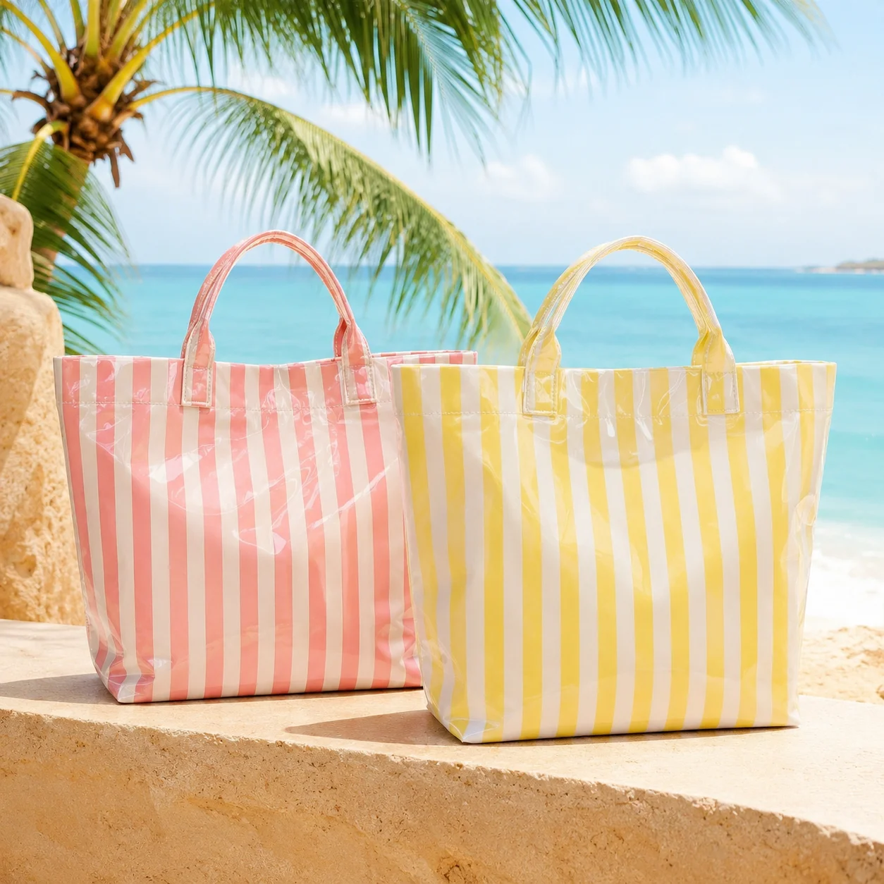 Striped PVC Shoulder Tote Bag, Waterproof Wear-resistant Commuter Handbag, Ideal Multi-scene for Office Work Holidays Beach Trip