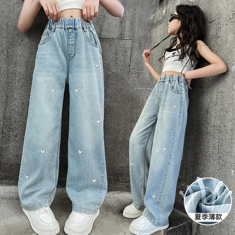 New Summer Girls Jeans Lightweight And Breathable Style Small Hearted Embroidery Mosquito-proof Pants For 4-14 Years Teen Girls