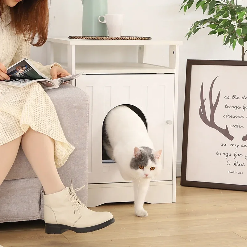 -Modern Multifunctional Pet Wooden 2 In 1 Side Table Cat Litter Box Toilet Cover Furniture