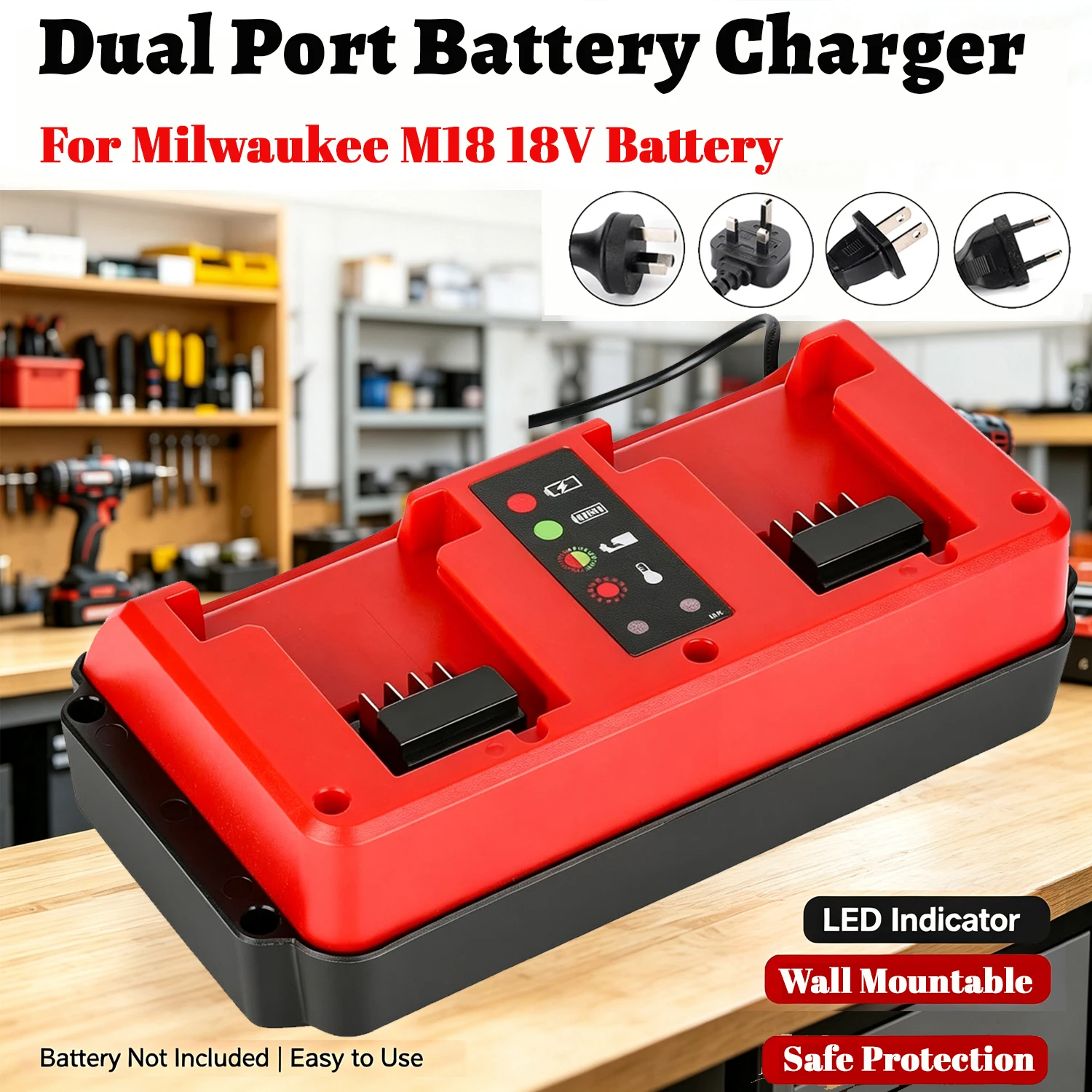 Carregador rápido de porta dupla para bateria Milwaukee M18 14.4V-18V, carregamento sequencial inteligente, indicador LED, montagem na parede