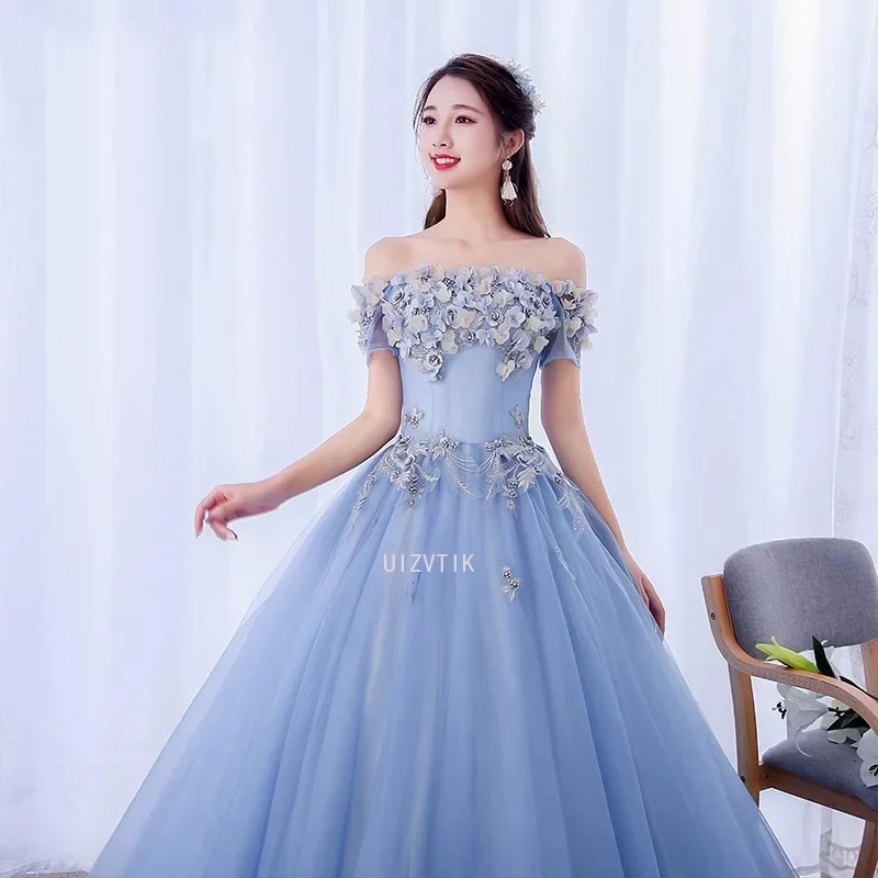 Quinceanera Dresses Women  New The Party Prom Short Sleeve Shoulder Ball Gown Sweet Floral Print Vestidos Debutantes Customized