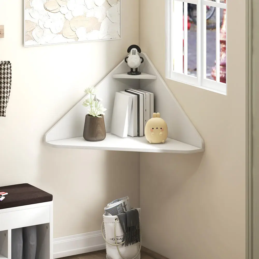 Floating Triangular Corner Computer Desk With Storage Shelf-White